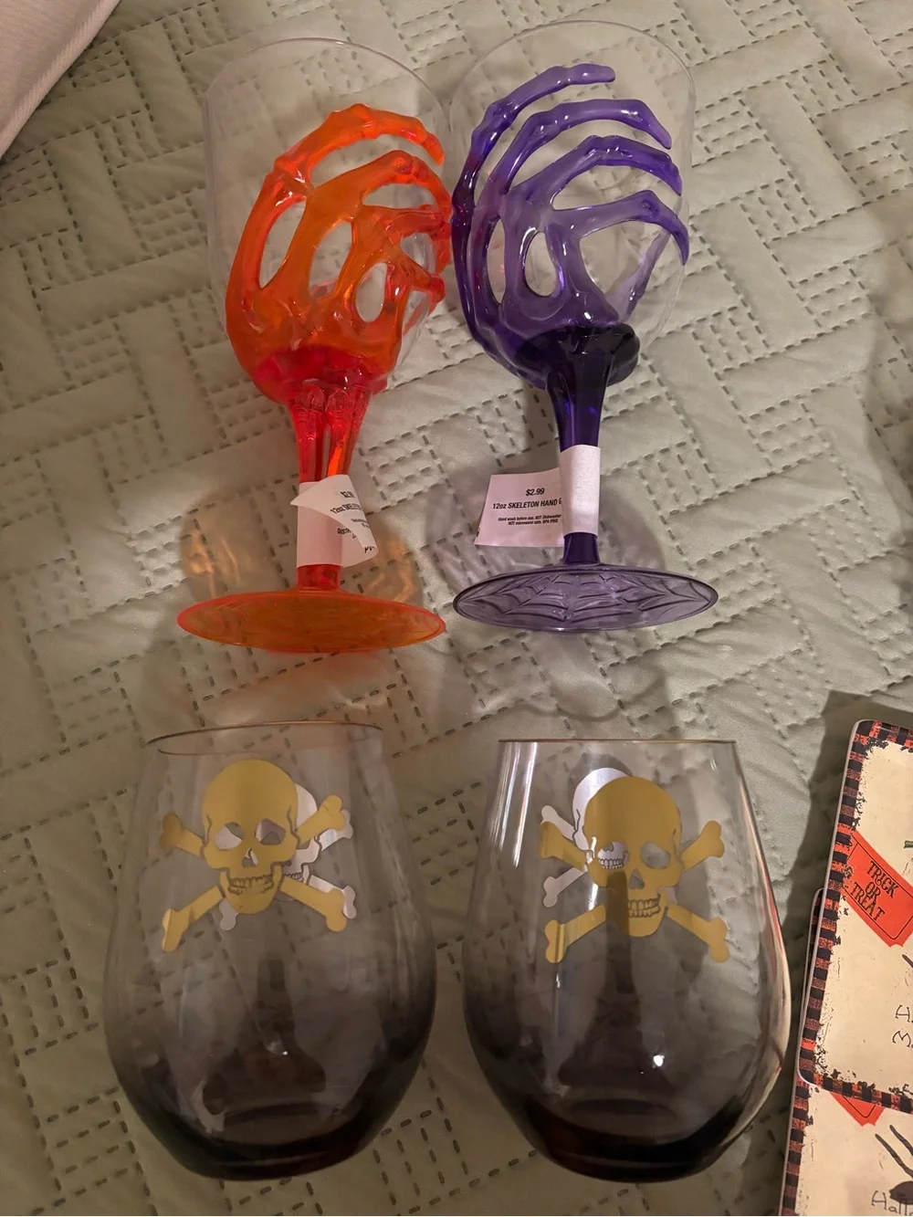 Halloween Decor BUBDLE! Skeleton Wine Glass Sets, Purple, Orange, plates, banner